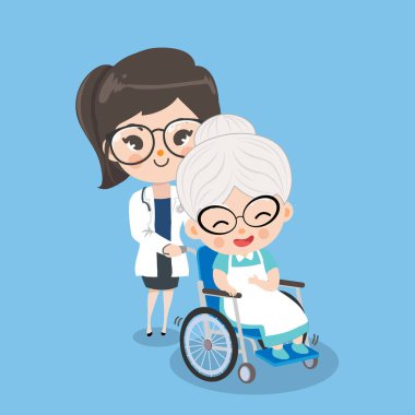 Kız doktor tekerlekli sandalyeile yaşlı kadın hastalara bakıyor