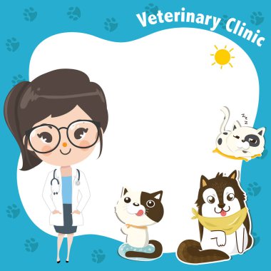 Bir doktor kız ve evcil hayvan ile bir veteriner kliniği için Şablon.