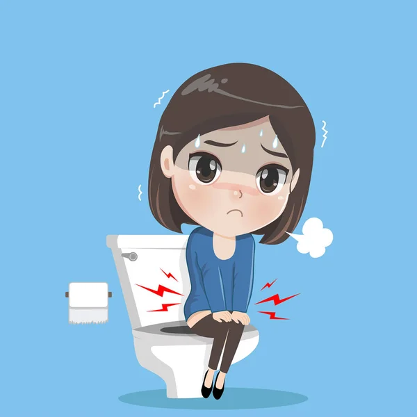 Kaukaski kobieta siedzi na muszli WC i cierpi z biegunką — Wektor stockowy