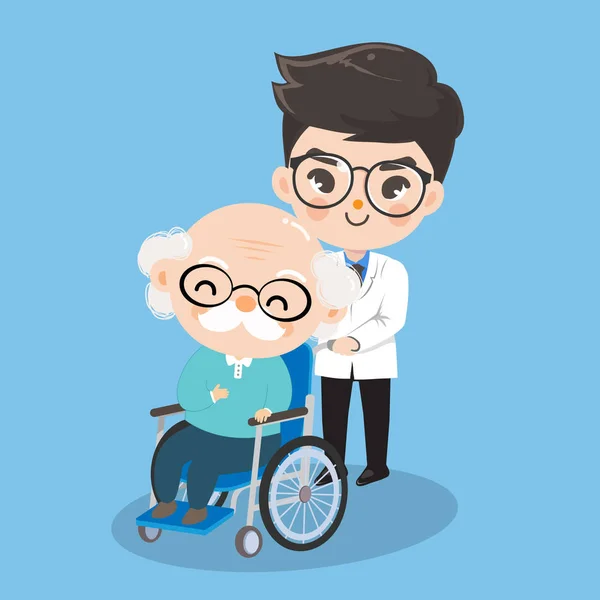 Çocuk doktor wheelchai olan yaşlı hastalarla ilgileniyor.