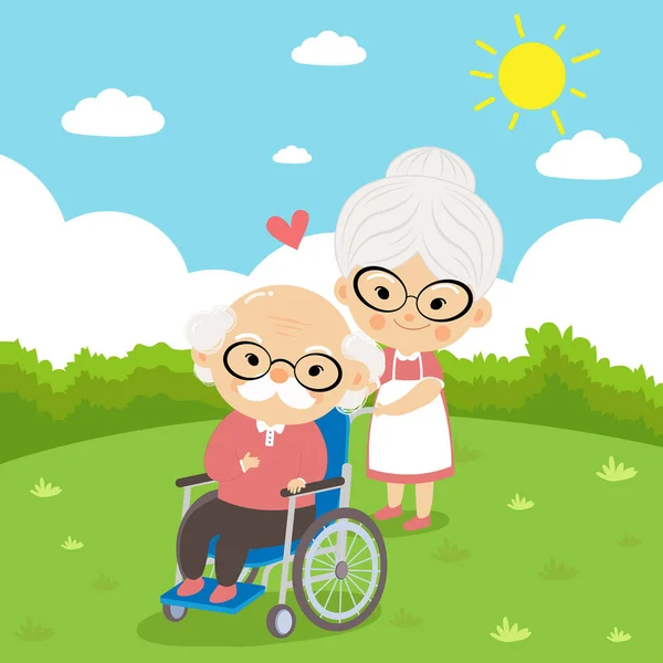 老年夫妇照顾坐在轮椅上. — 图库矢量图片
