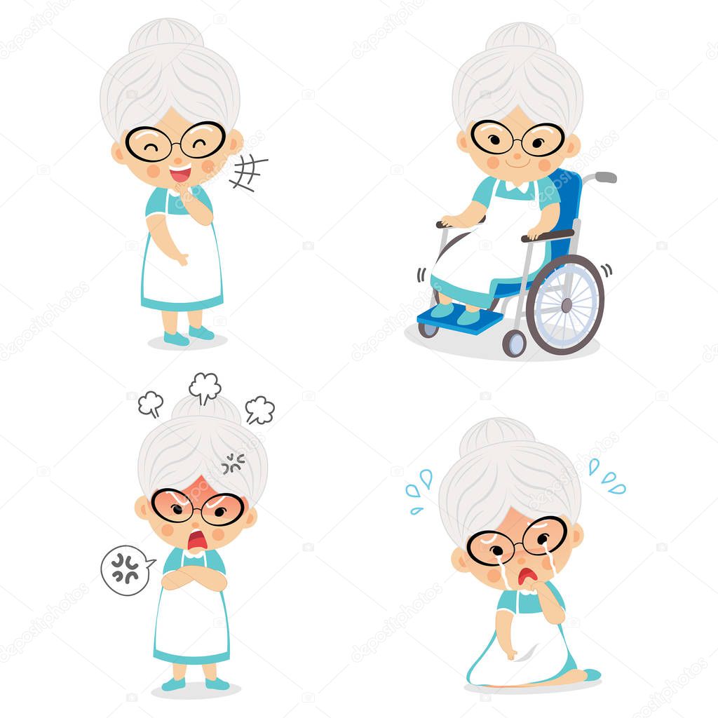 Grandma in various postures and expressing emotions.