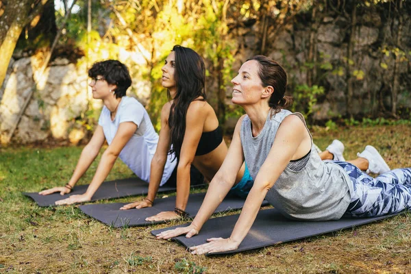 Three girls making yoga posture. Wellness and meditation — Stock Photo, Image