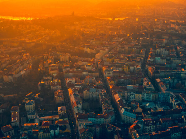 Prague aerial summer under red light of sunset