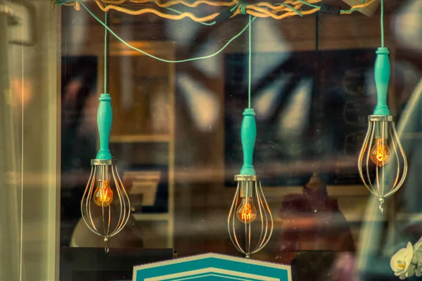 pendant light bulbs in hipster coffee shop