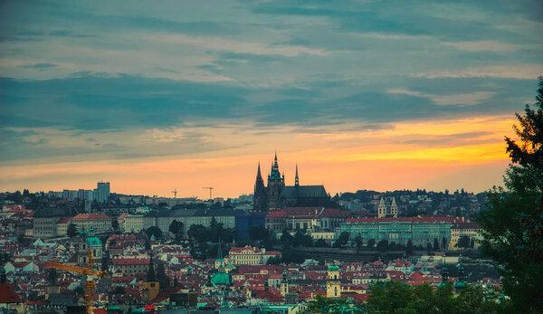 Prague, Czech Republic 7th of June 2019 - Prague Castle as viewed from Rieger Gardens, Riegrovy sady at sunset in summer time.