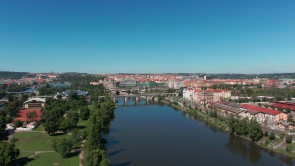 Aerial Flight Vltava River Next Bridges Sunny Day Summer Prague — Stock Video