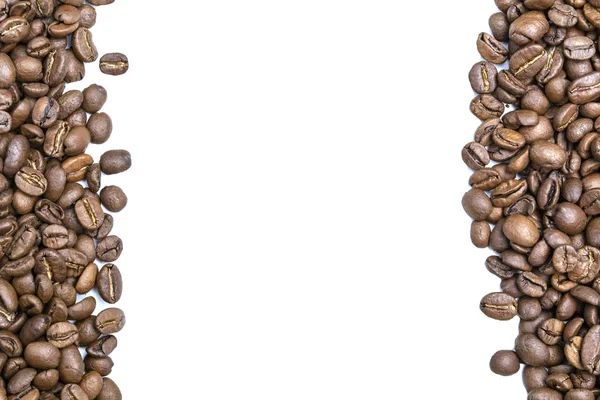 Vertical frame of roasted coffee beans isolated on white may use as background or texture (with easy removable sample text) — Stock Photo, Image