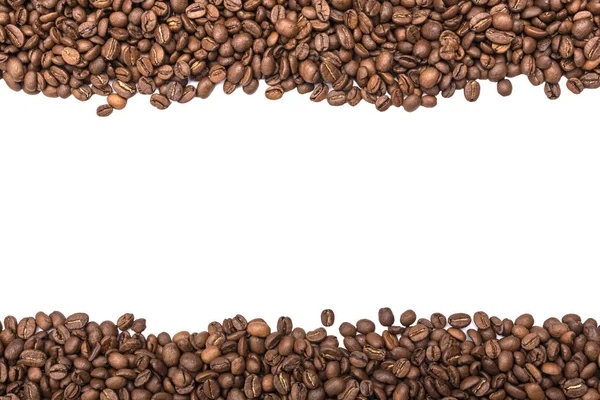 白に分離された焙煎コーヒー豆のゴリゾンタルフレームは、背景や食感として使用してもよいです。テキストのスペースをコピーします。トップビュー. ストックフォト
