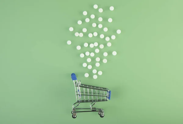 Shopping trolley cart with medicine pills on green background. Creative idea for drugstore, online pharmacy, health behaviors and pharmaceutical company business concept. Flat lay.