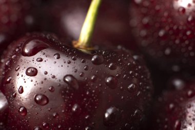 Tatlı kiraz. Su damlaları ile ıslak kiraz yakın çekim. Tatlı ve taze kiraz arka plan. Kiraz konsepti.