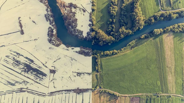 Vue aérienne du changement de saison avec virage de la rivière . — Photo