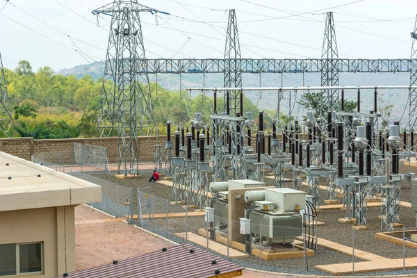 stock image High voltage transformer modern substation electrical switchyard.