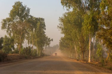 Toprak yol savannah hızlandırmak ve büyük miktarda toz kaldırma kamyon.