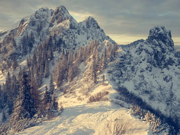 Muhteşem kış dağ manzarası ışıklı güneş ayarlayarak. — Stok fotoğraf