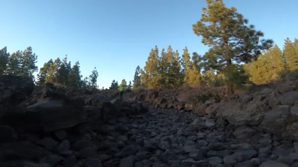 Images de bas niveau de la marche à travers le sol volcanique et les roches après randonneur . — Video