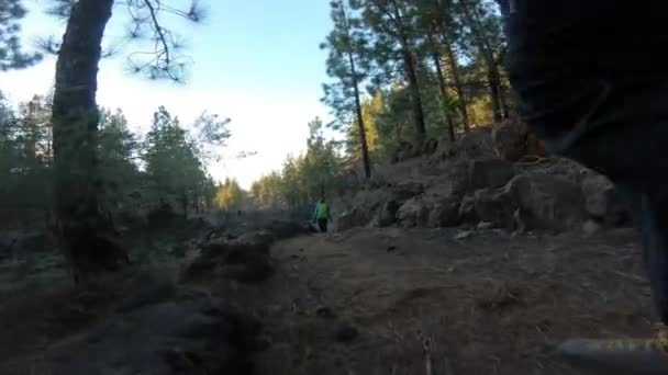 火山土やハイカーに続く岩の上を歩くの低レベルの映像. — ストック動画