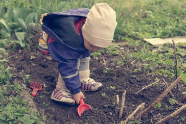 Küçük kız bahçe keşfetmek ve bahar temizliği ile yardımcı.