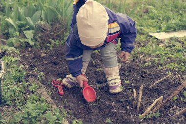 Küçük kız bahçe keşfetmek ve bahar temizliği ile yardımcı.