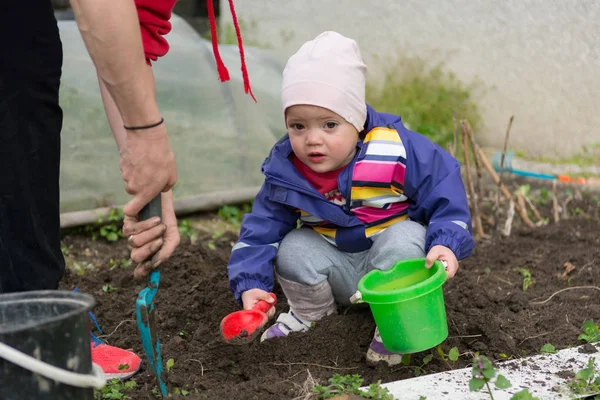 Klein meisje het verkennen van de tuin en helpen met de lente reiniging. — Stockfoto