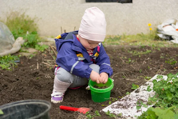 Klein meisje het verkennen van de tuin en helpen met de lente reiniging. — Stockfoto