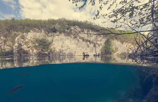 Úžasné rozdělené zobrazení vodopádů padajících do jezera. — Stock fotografie