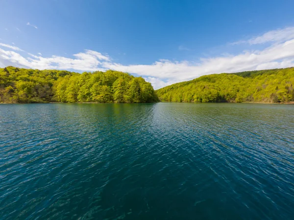 Spektakulär sjö strand Panorama av grön skog. — Stockfoto