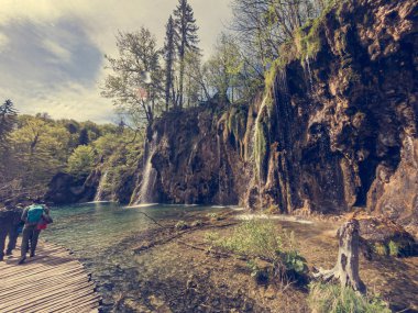 Ahşap boardwlak doğal parkta şelaleler geçen.