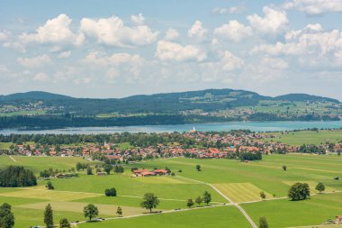 Yeşil çayırları ve tarlaları olan nehir manzarası.