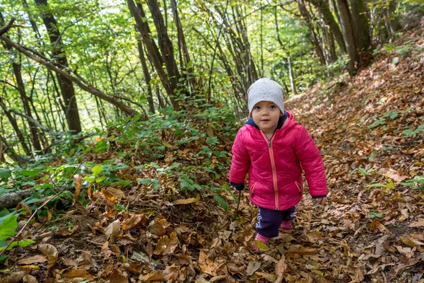 Sonbahar orman yolunda gezinen tatlı kız..