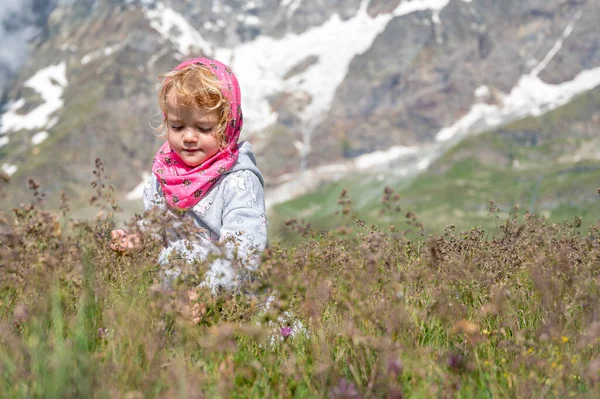 Menina loira bonito vestindo lenço rosa cercado com paisagens alpinas espetaculares explorando prado da montanha. — Fotografia de Stock