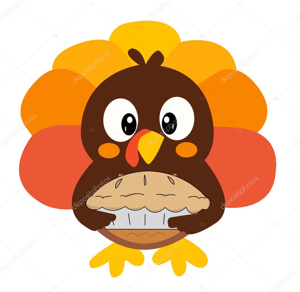 An adorable cartoon turkey brings a pie to Thanksgiving dinner.