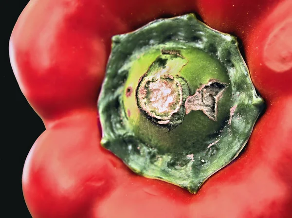 Frontal view of a large, red pepper in close-up with black background, isolated