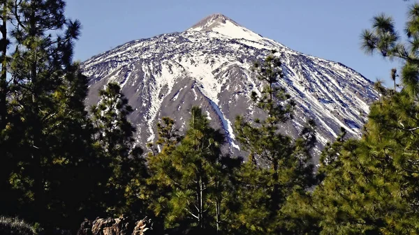 O pico coberto de neve superior da montanha mais alta da Espanha o vulcão El Teide na Ilha Canária Tenerife em close-up . — Fotografia de Stock