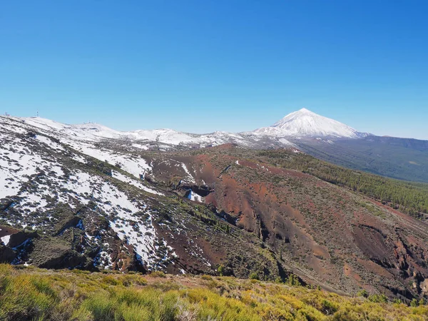 Tenerife y el Teide con gran paisaje volcánico con nieve y plantas frescas — Foto de Stock