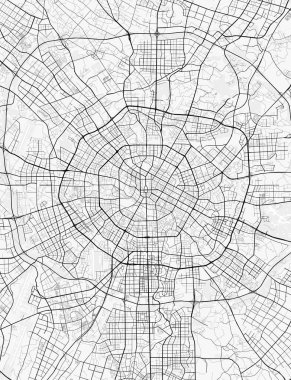 Chengdu Şehir Haritası. Baskı, duvar kâğıdı, ev ve ofis dekorasyonu için minimalist siyah beyaz çizgili sanat posteri