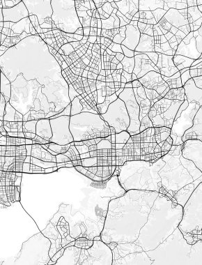 Shenzhen Şehir Haritası. Baskı, duvar kâğıdı, ev ve ofis dekorasyonu için minimalist siyah beyaz çizgili sanat posteri