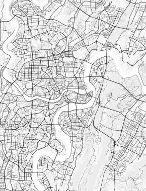 Chongqing Şehir Haritası. Baskı, duvar kâğıdı, ev ve ofis dekorasyonu için minimalist siyah beyaz çizgili sanat posteri