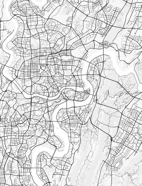 Chongqing Şehir Haritası. Baskı, duvar kâğıdı, ev ve ofis dekorasyonu için minimalist siyah beyaz çizgili sanat posteri