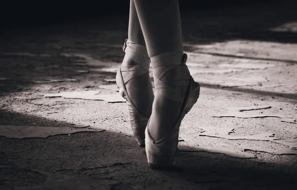 Close Black White Photo Ballerina Pointe Shoes — Stock Photo, Image