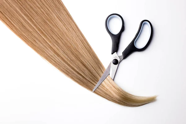 Piece Blonde Hair White Isolated Background Scissors — Stock Photo, Image