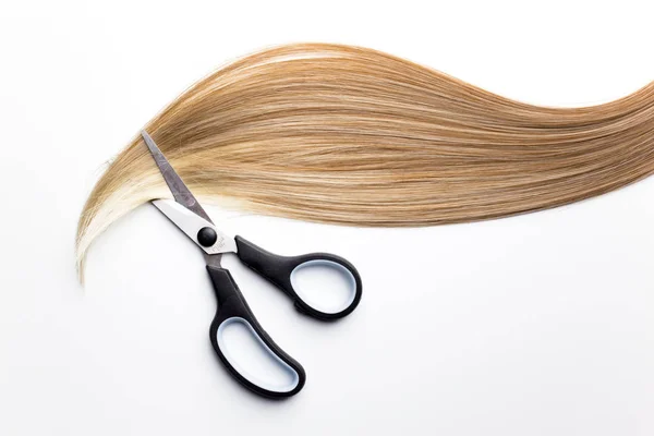 Piece Blonde Hair White Isolated Background Scissors — Stock Photo, Image