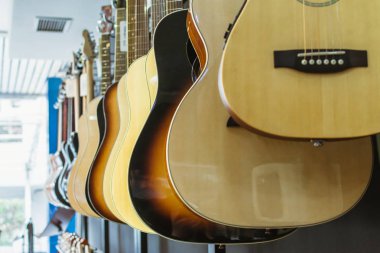 Bir müzik enstrümanları dükkanında akustik gitar sırası. Gitar parçası, gitar gövdesi