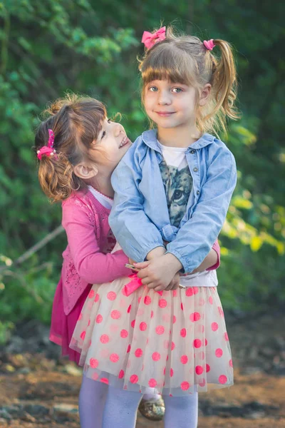 Twee kleine meisjes, zusters in roze jurken met Piggy staarten. — Stockfoto