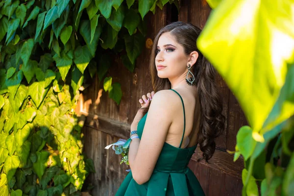 Ragazza in abito verde glamour e con bellissimi orecchini d'argento . — Foto Stock