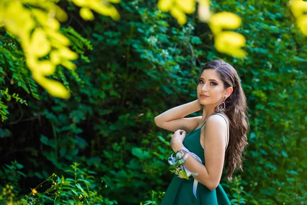 Gyönyörű barna lány elbűvölő zöld ruhában a természetben. Készen áll a báli éjszakára — Stock Fotó