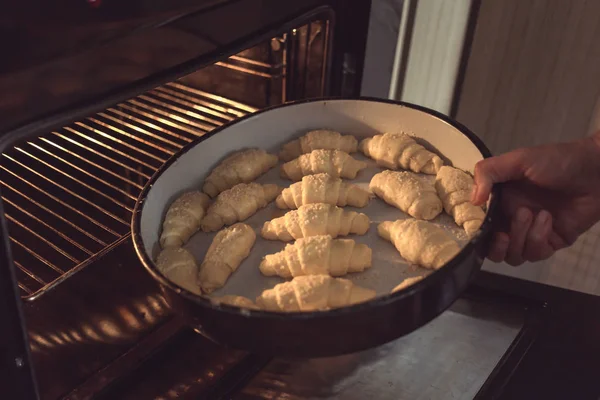 Teller voller ungebackener Brötchen in den Ofen stellen. Halbmondrollen herstellen — Stockfoto