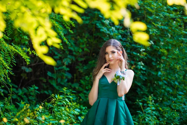 Menina Morena Bonita Vestido Verde Glamouroso Natureza Pronto Para Noite — Fotografia de Stock