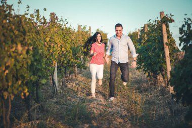 Genç, romantik bir çift üzüm bağında koşuyor.