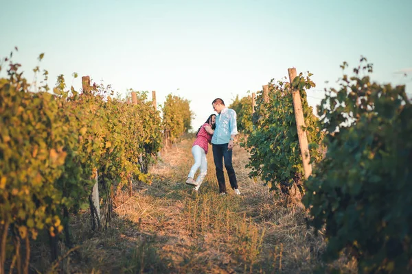 楽しさを持っているブドウ畑の若い ロマンチックなカップルは 愛情を持って — ストック写真